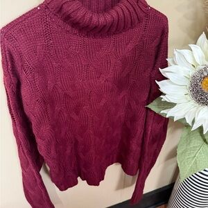 Women's Cable Knit Turtleneck Sweater - Burgundy